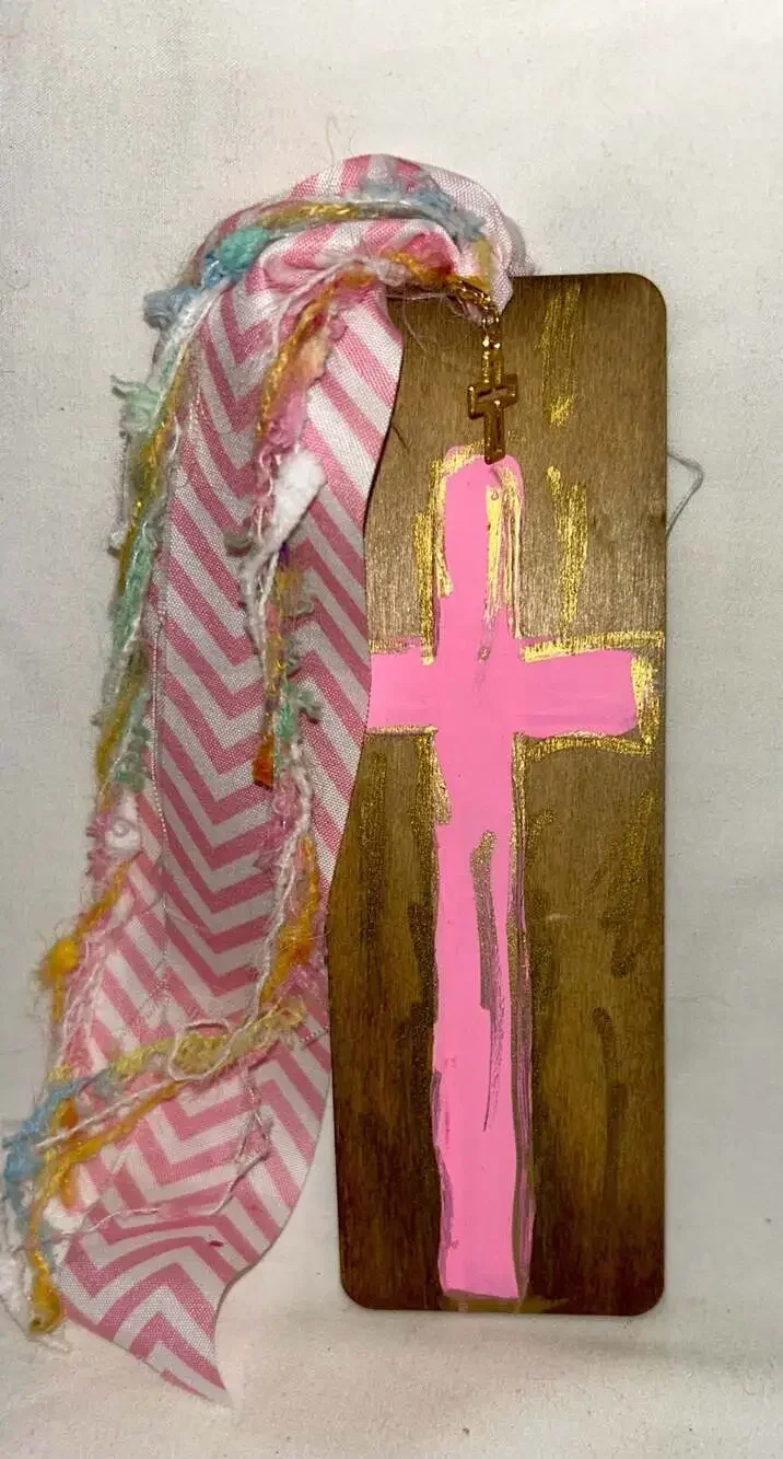 Handmade Wooden Cross Bookmark with Pink Paint and Ribbon Tassel